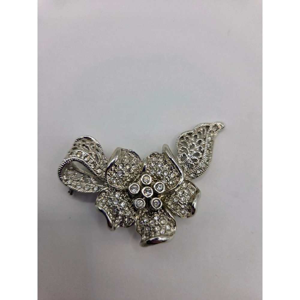 Vintage Silver Tone Rhinestone Floral Brooch Ornate Flower Bow Filigree Leaf